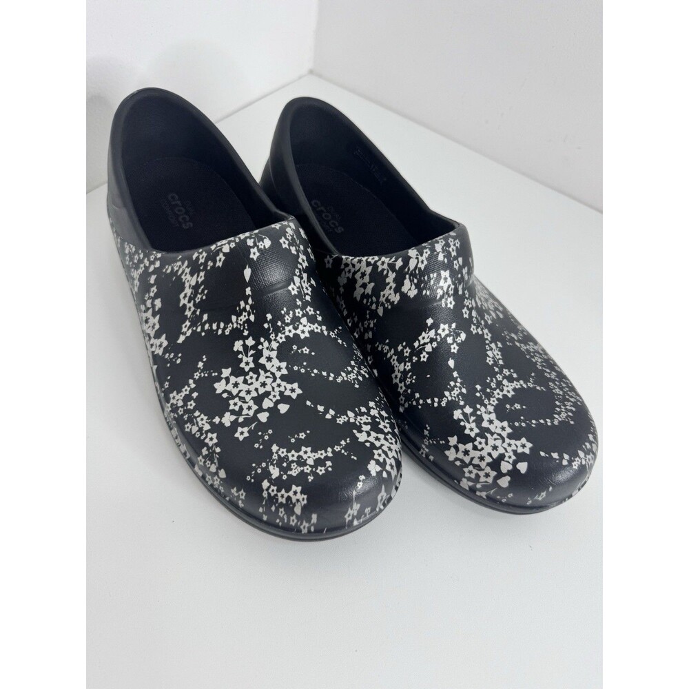 Crocs Work Neria Pro II Clog Sz 7 Black Metallic Silver Flowers Career Comfort - Picture 3 of 7